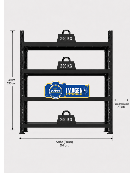 RACK METALICO NEGRO 800 KG.  200X200X50